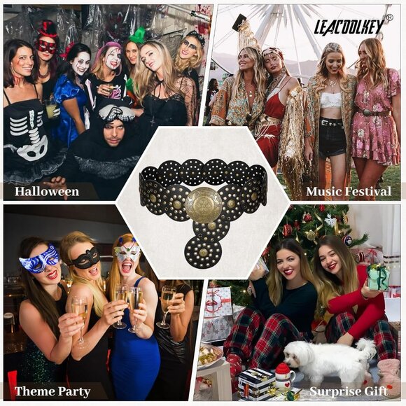 Women Boho Disc Belt Wide Western Leather Belt Vintage Concho Waist Belts Black - Picture 6 of 6